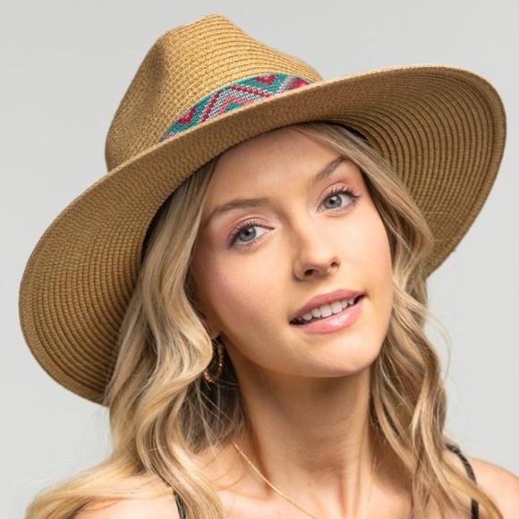 Boho Tribal Geo Print Straw Panama hat - Picture 5 of 7